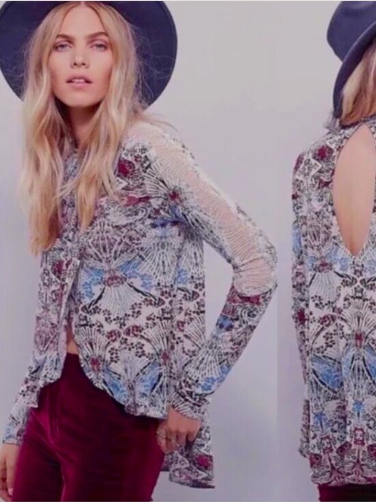 Free People Tops - Free People  "New World Nouveau" Tulip Hem Front Cutout Long Sleeve Top - Size M